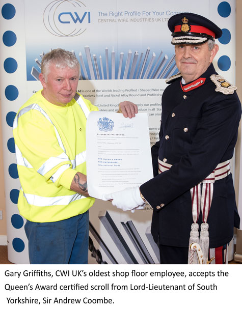 Gary Griffiths, CWI UK's oldest shop floor employee, here accepting the Queen's Award scroll from Lord-Lieutenant of South Yorkshire, Sir Andrew Coombe.
